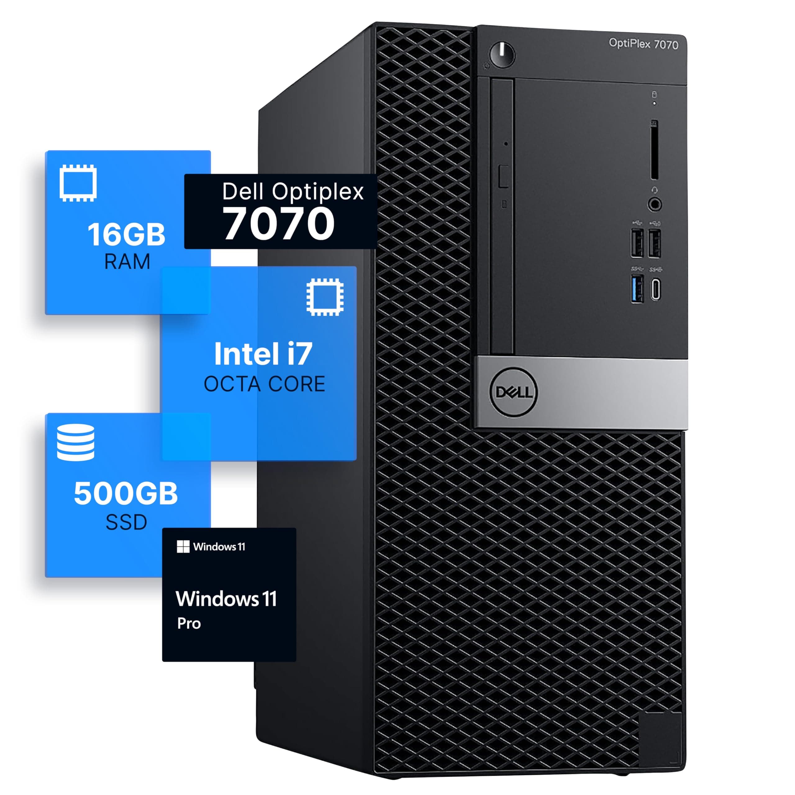 Dell Optiplex 7070 Tower Desktop Computer | Intel i7-9700 (3.4) | 16GB DDR4 RAM | 500GB SSD Solid State | Windows 11 Pro | Internal Wi-Fi 6 PCIe Adapter (Renewed)
