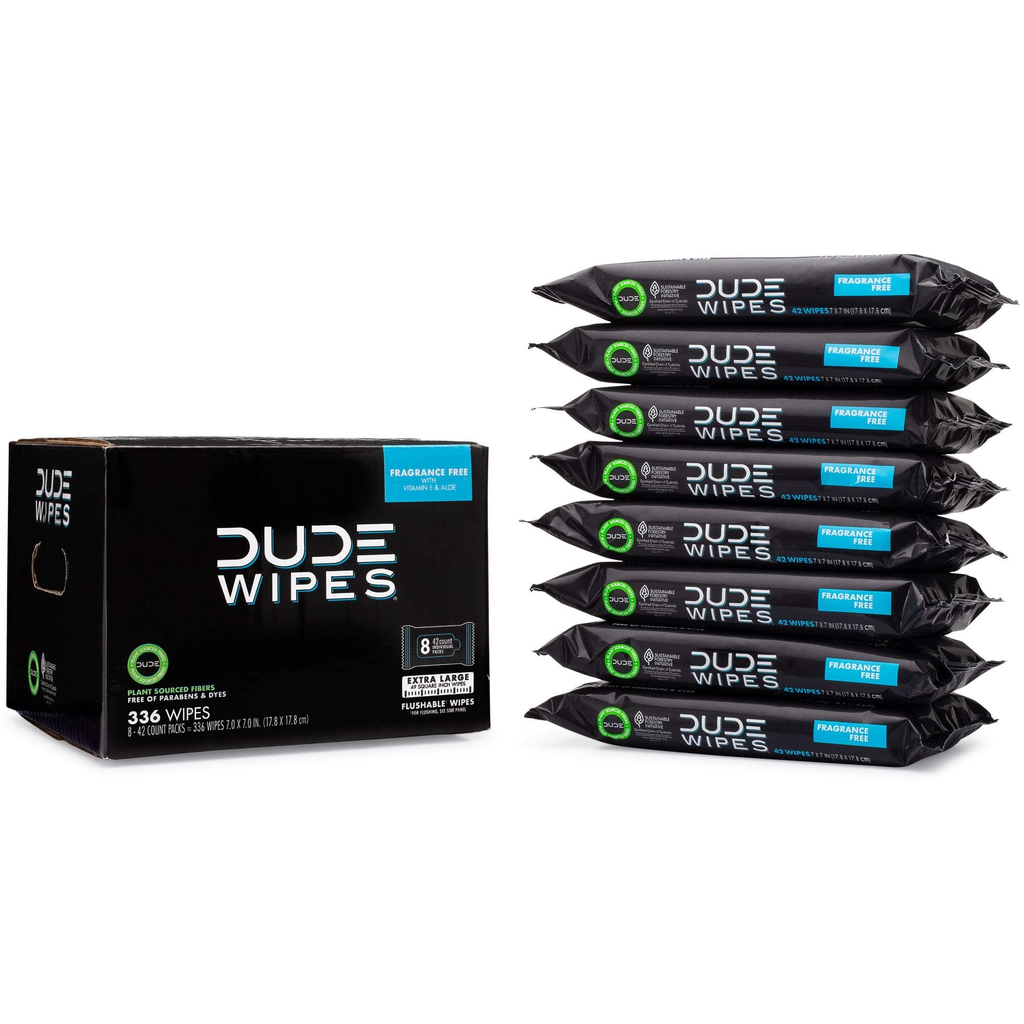 DUDE Wipes - Flushable Wipes - 8 Pack, 336 Count - Unscented Extra-Large Adult - Vitamin-E & Aloe - Septic and Sewer Safe