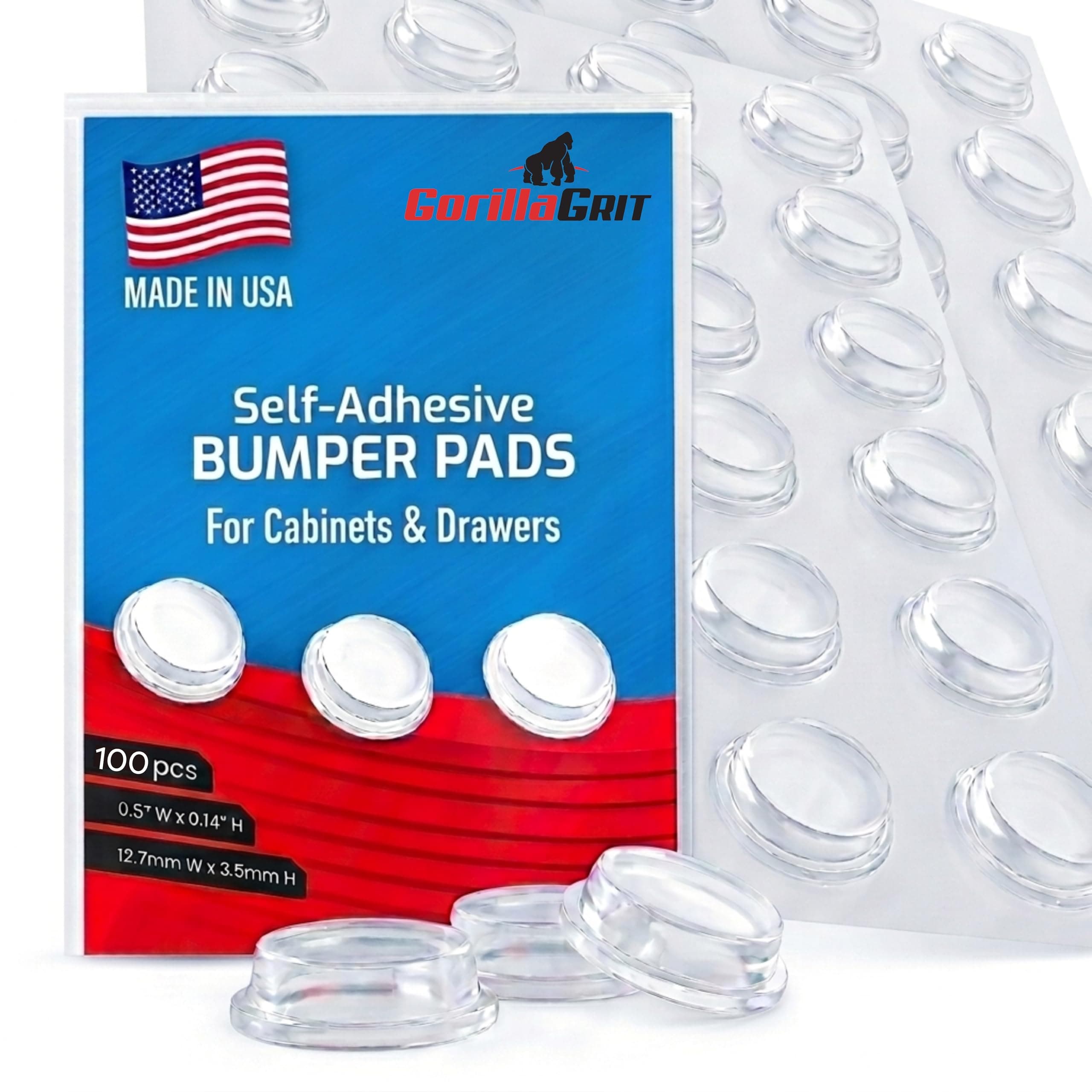 Pack of 100 Cabinet Door Bumpers - 1/2” Diameter Clear Adhesive Pads for Drawers, Glass Tops, Cutting Boards, Picture Frames, Small Furniture