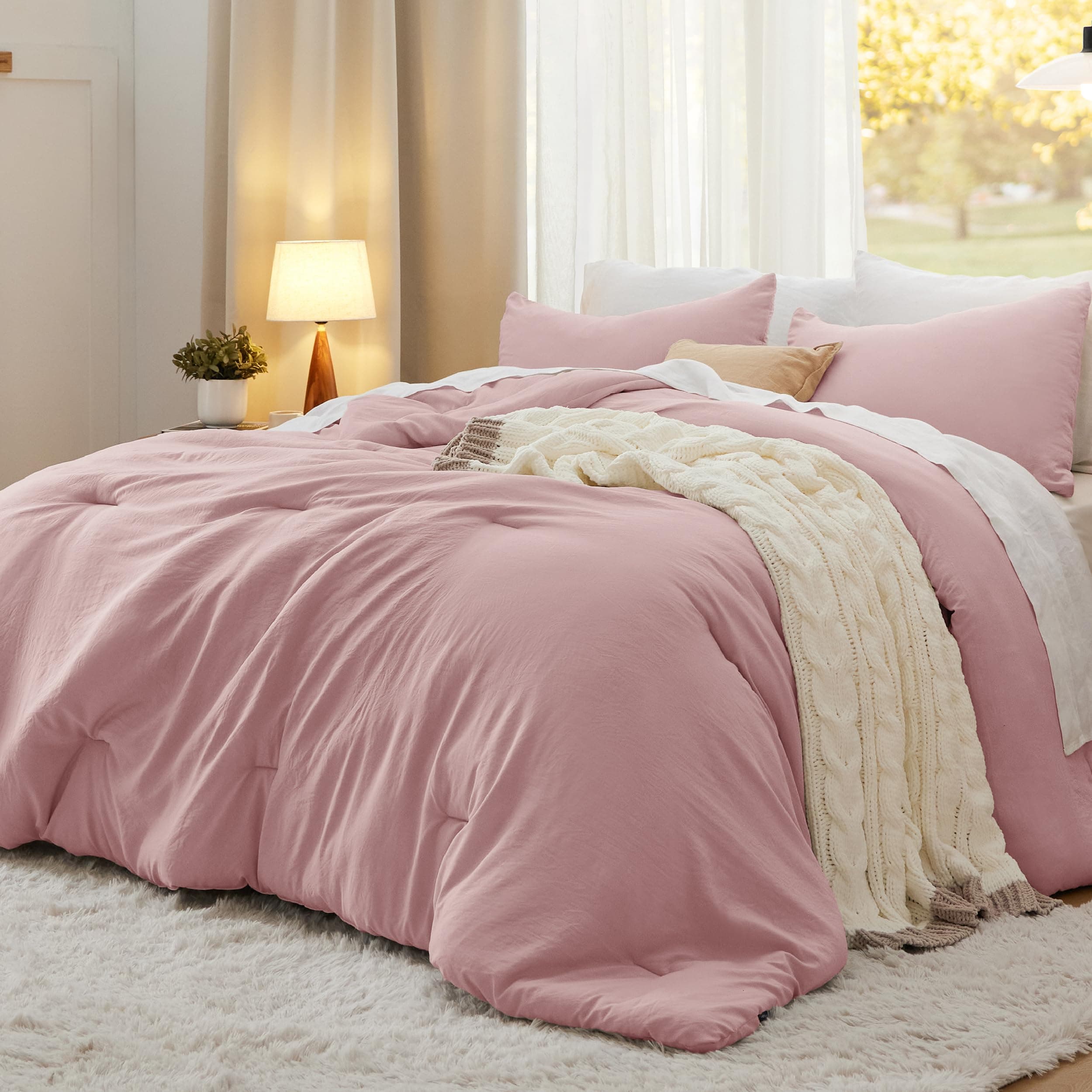 Bedsure Queen Size Comforter Set, Pink Soft Prewashed Bedding for All Seasons, 3 Pieces GentleSoft™ Warm Down Alternative Bed Set, 1 Lightweight Comforter (90"x90") and 2 Pillowcases (20"x26")