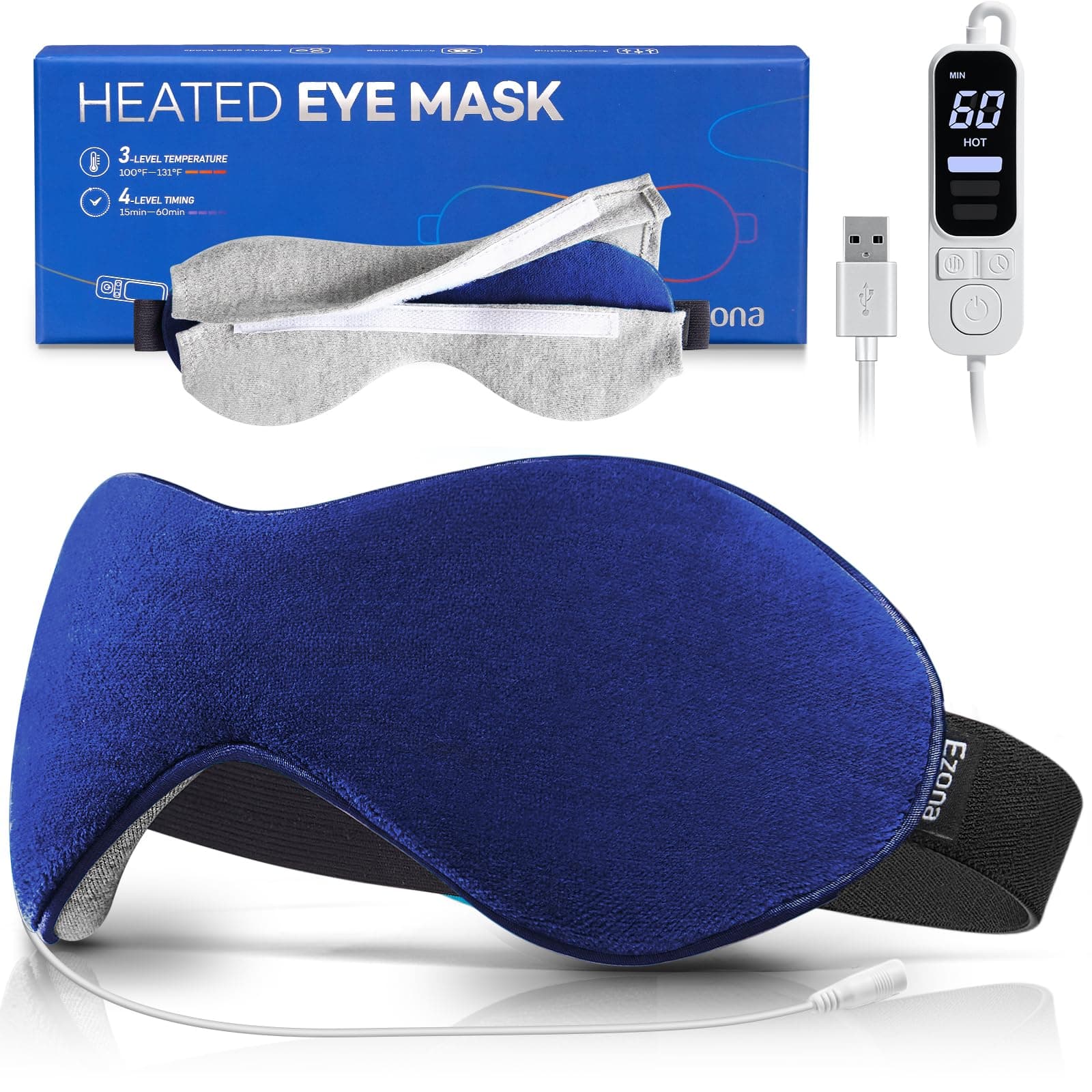 Ezona Heated Eye Mask, Warm Eye Compress Mask for Dry Eyes, USB Electric Eye Heating Pad with Temperature & Timer Control, Dry Eye Mask for Blepharitis, Sinus Migraine (Indigo)