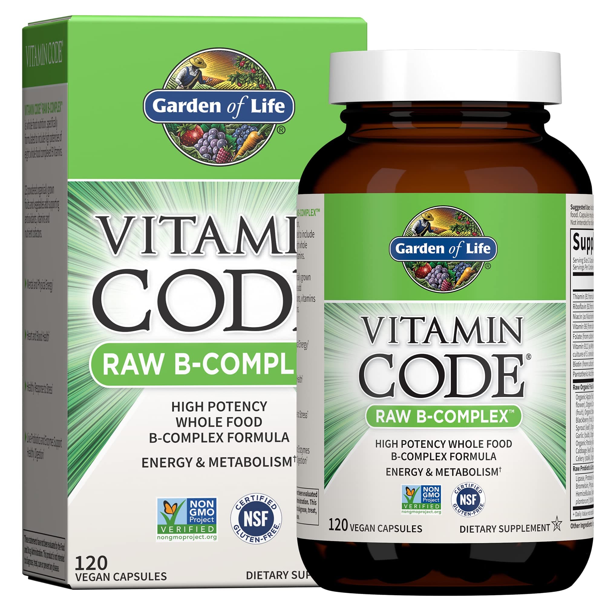 Garden of Life Raw B Complex - Vitamin Code - 120 Vegan Capsules, High Potency Vitamins for Energy & Metabolism with B2 Riboflavin, B1, B3, B6, Folate, B12 as Methylcobalamin & Biotin Plus Probiotics