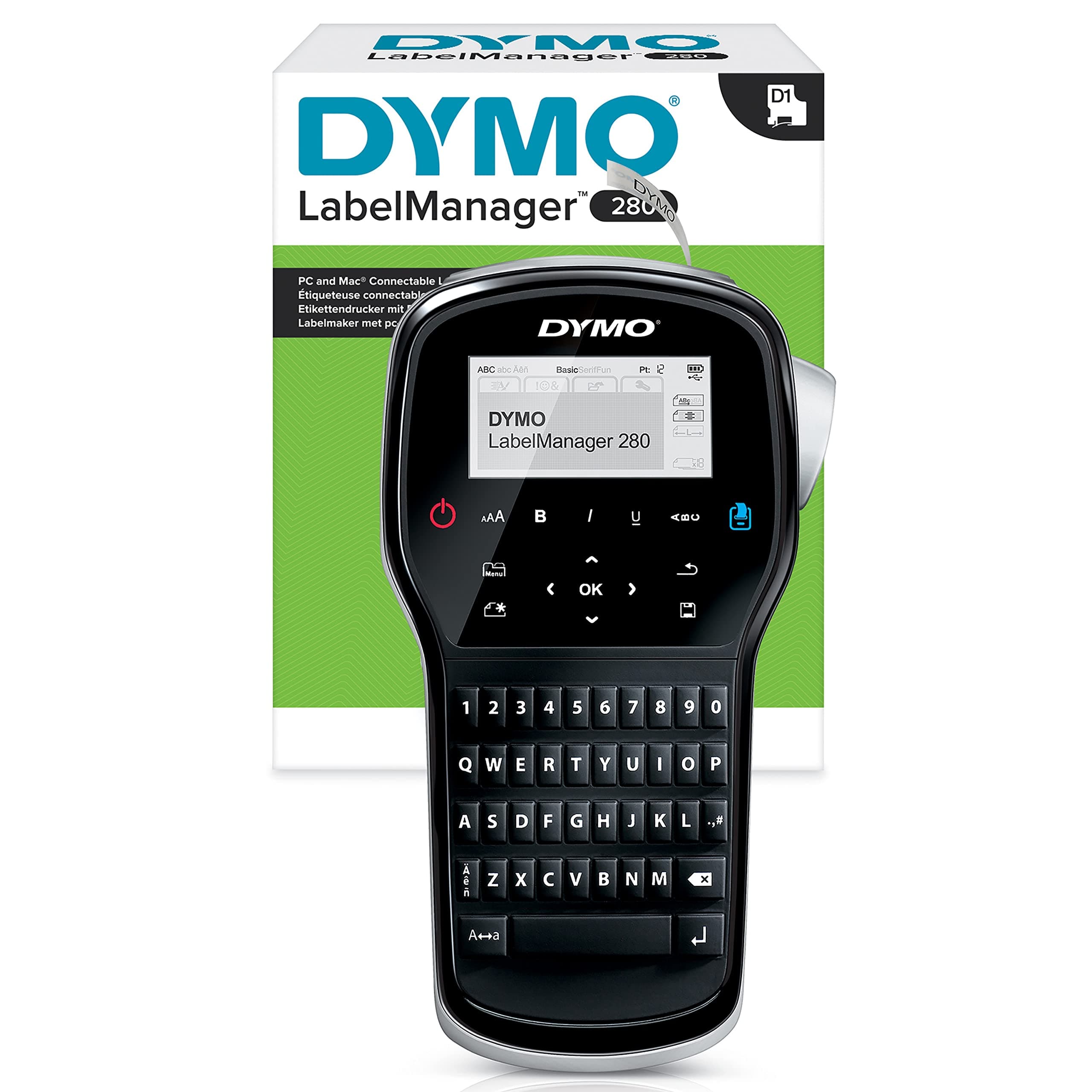 LabelManager 280 Label Maker | Rechargeable Handheld Label Printer with QWERTY Keyboard | Includes Black & White D1 Label Tape (12mm) | For Home & Office