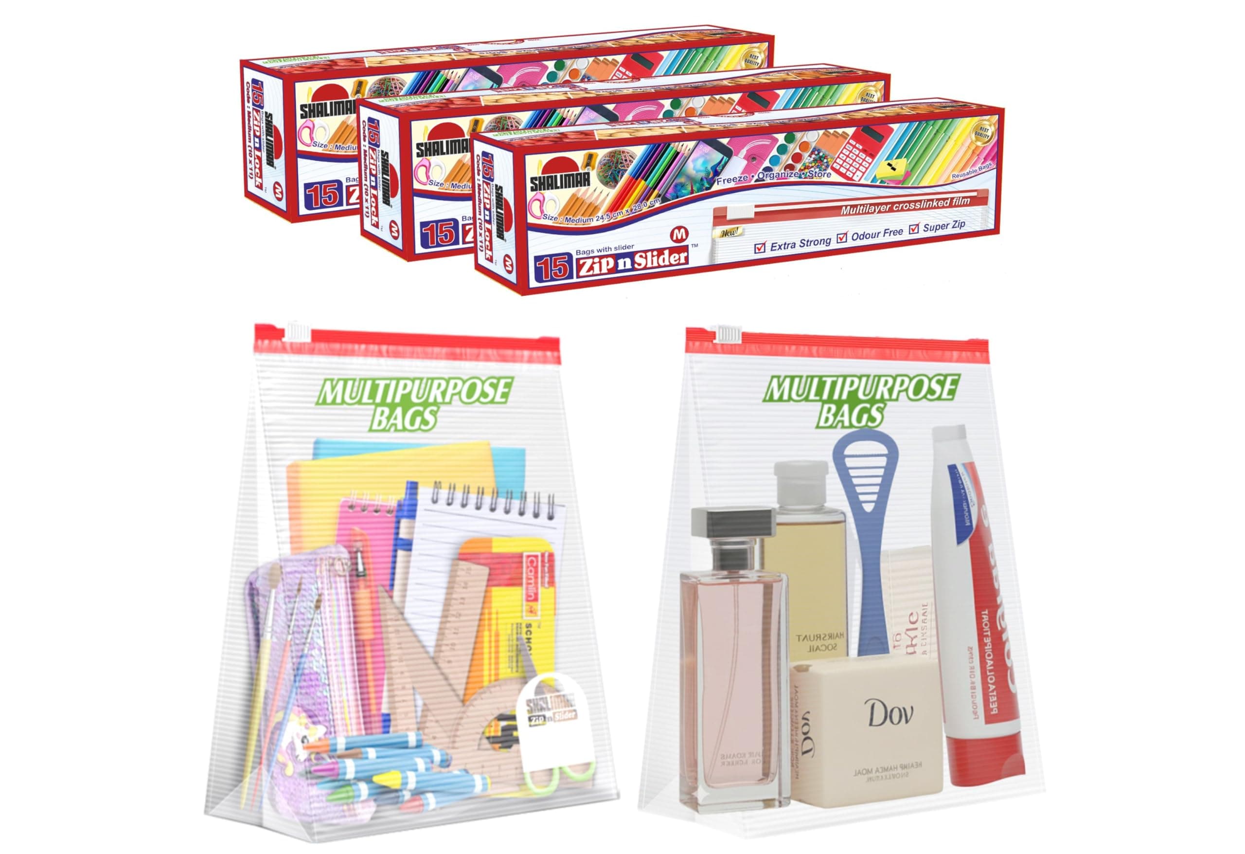 Zip 'N' Lock Reusable Slider Bag Size (Medium) Zip Lock Bag/Vegetable Bag/Freeze Bag/MultiPurpose Storage Bag Pack of -3 (45 Bags) Color - Natural