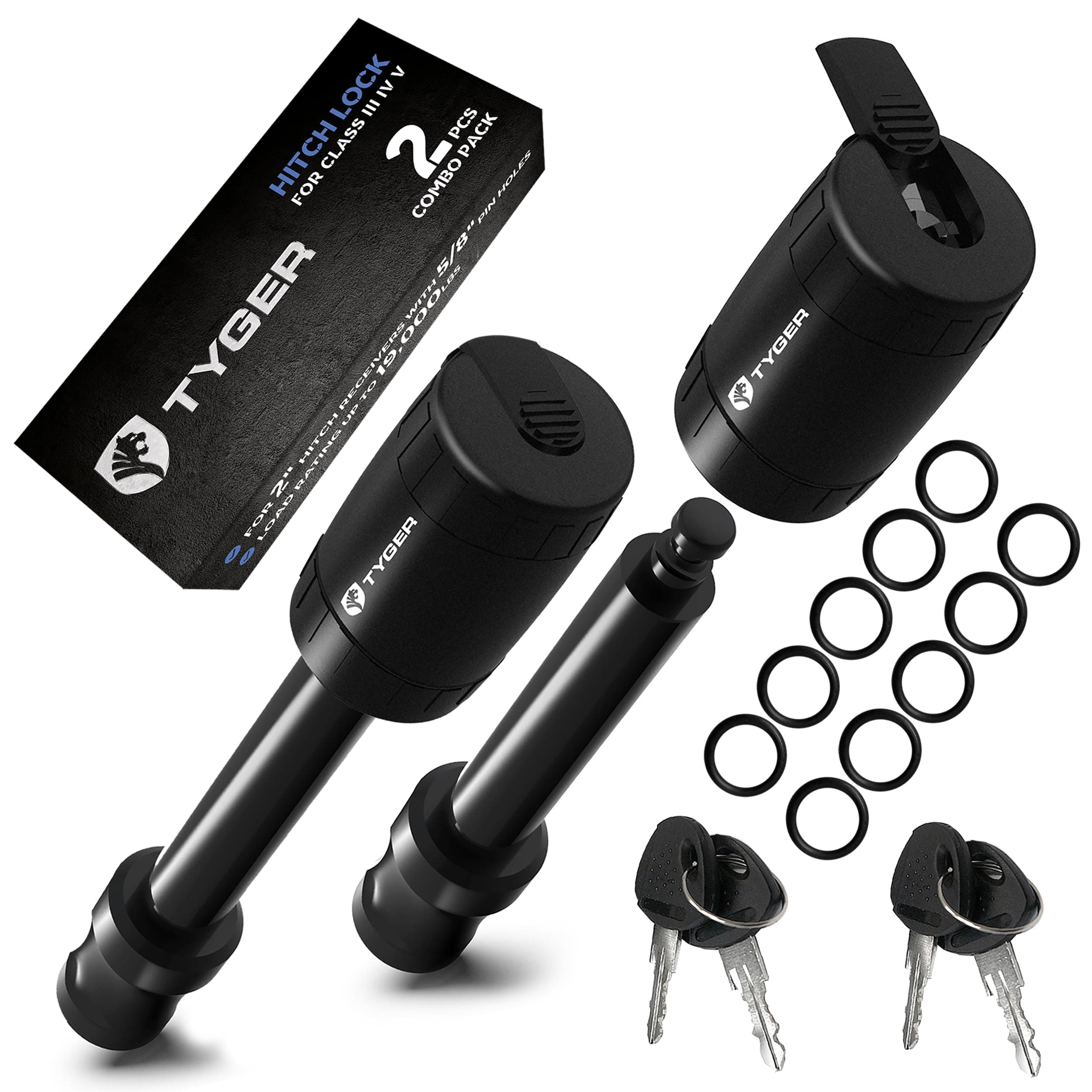 Solid Trailer Hitch Lock Pin with Locking Key - for 5/8 inch Pin Holes on 2 inch Receivers | Two-Pack Combo | Class III IV V | 19,000 lb Load Rating | TG-HL3U022B | Weatherproof Anti-Theft