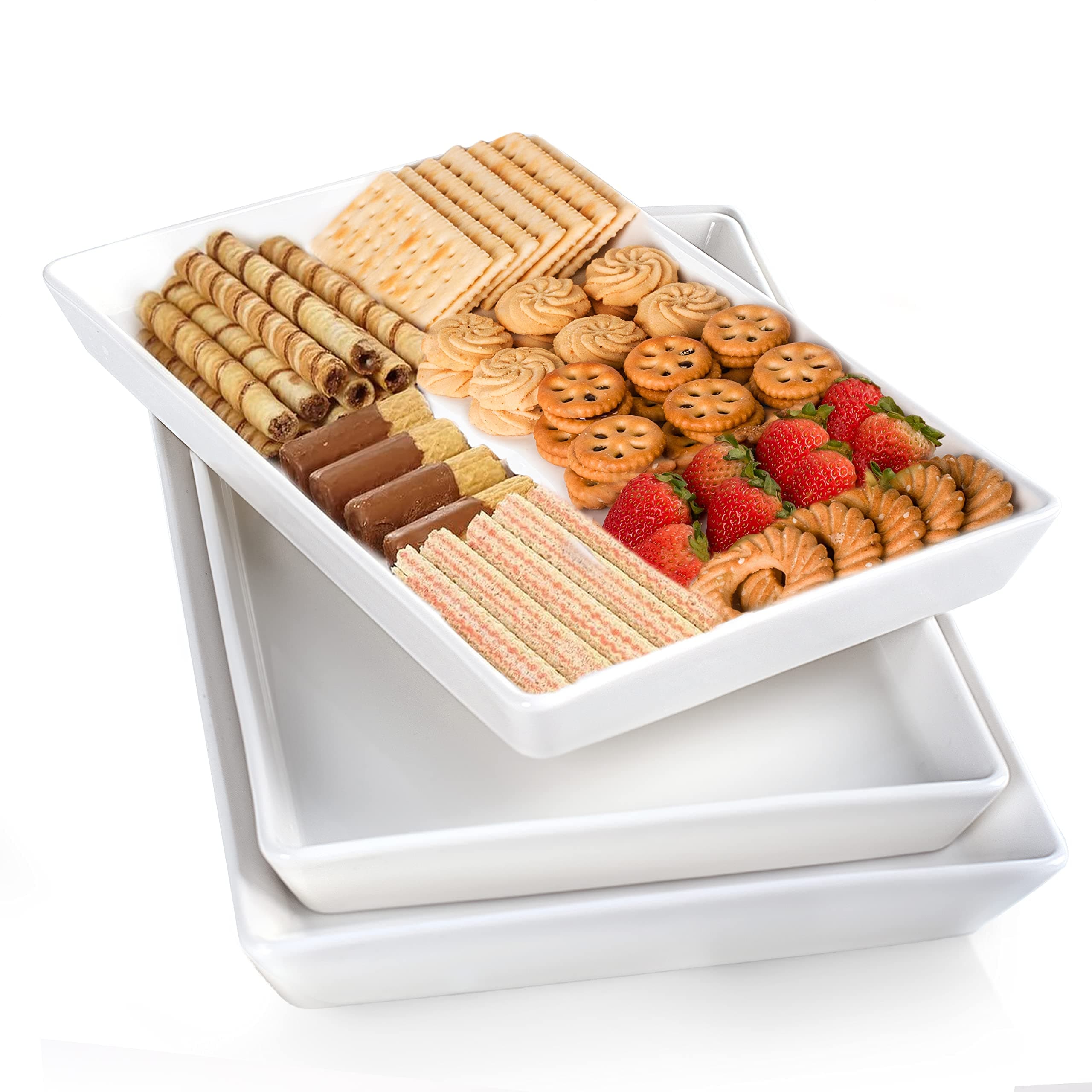Large Serving Platter, 16/14/12 Inch Rectangular Serving Trays for Serving Food, Serving Tray for Party - Set of 3, White