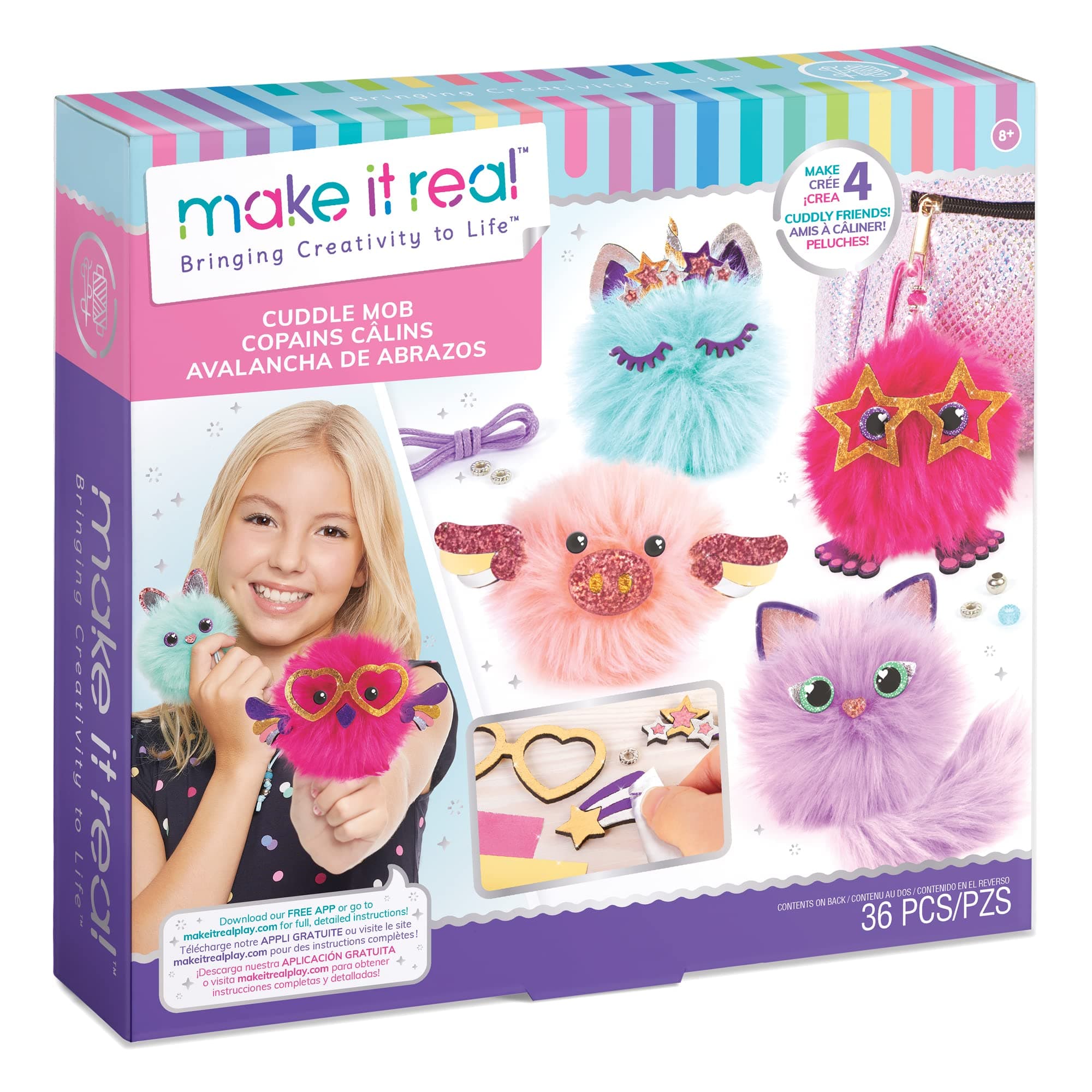 Make It Real DIY Cuddle Mob Kit - Create 4 Adorable Pom Pom Characters with 36 Pieces - All-in-One Arts & Crafts Set for Tweens & Girls - Fun, Skill-Building Craft for Kids Ages 8+ Creative Gift