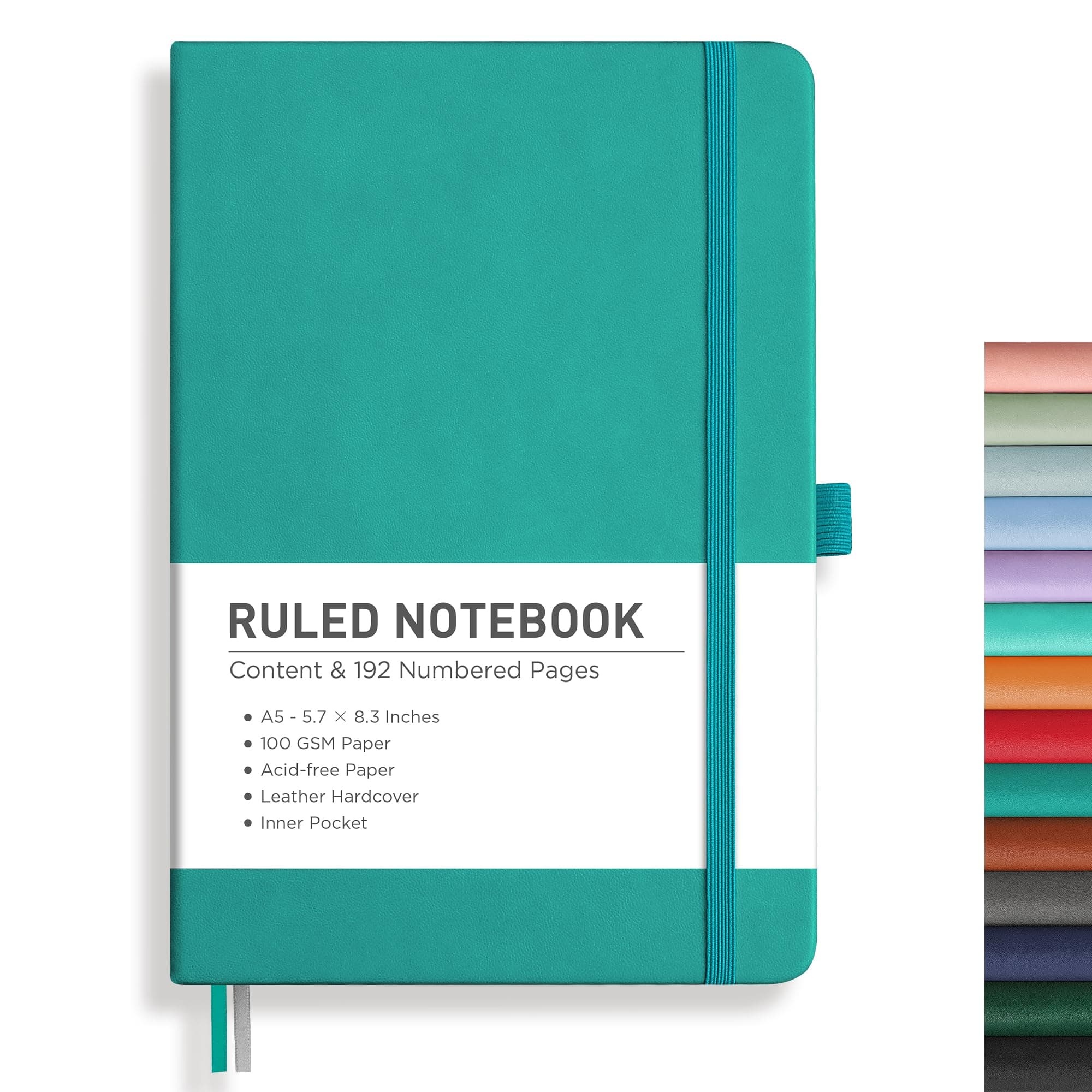 RETTACY Lined Journal Notebook - A5 Note Book Hardcover Notepad 192 Numbered Pages for Writing,100gsm Lined Paper, Leather Hardcover, for Women Men Work Office School,14.5 x 21cm - Cyan