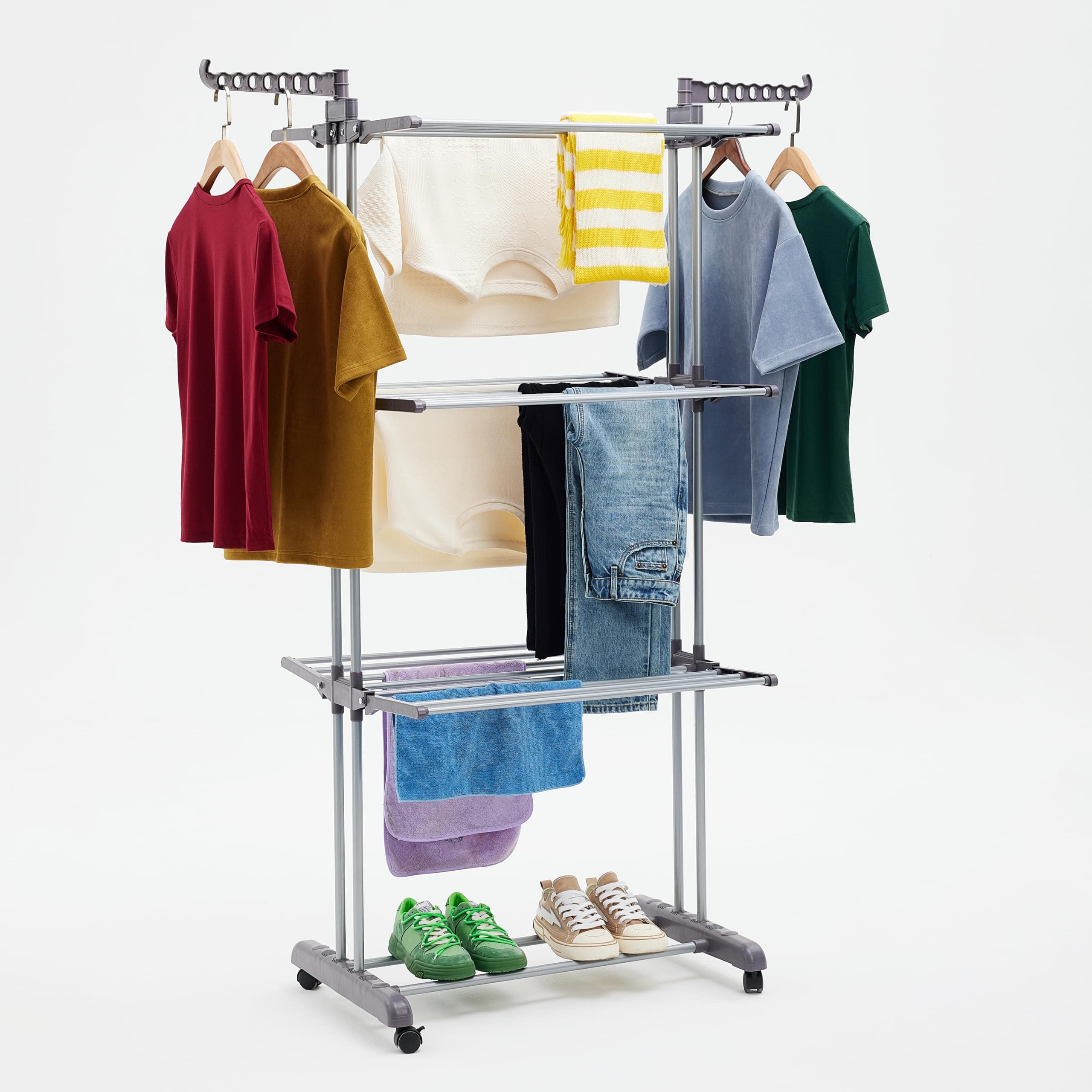 Amazon Basics Clothes Airer, 4-Tier Adjustable Drying Rack with 6 Foldable Wings, 126cm x 64cm x 173cm for Indoor Laundry, Silver