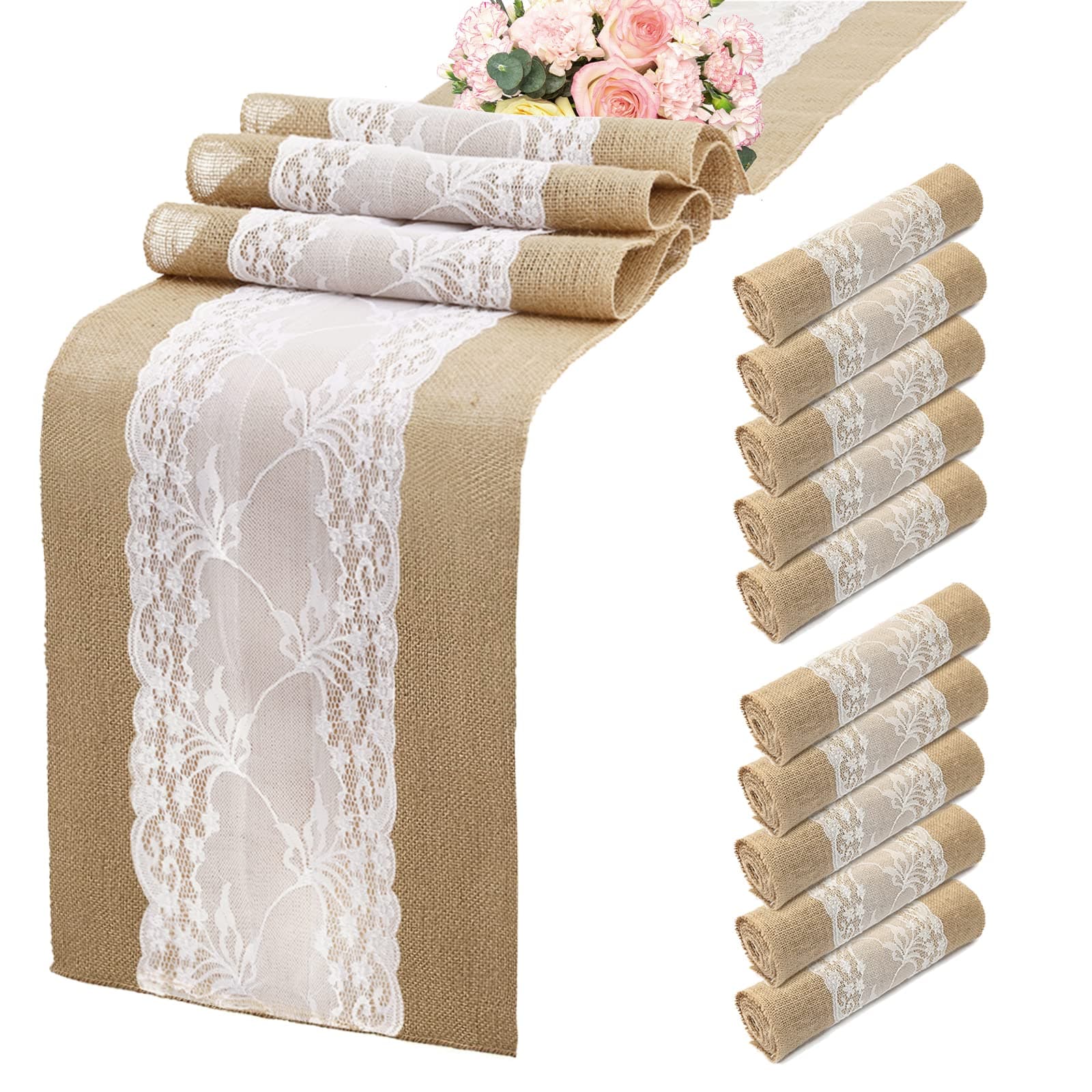 Burlap Table Runner 10 Packs, Burlap Lace Table Runner 108 Lnches Long, 100% Jute Burlap Runners, Rustic Home Decor for Wedding Reception, Thanksgiving, Christmas&Farmhouse Party
