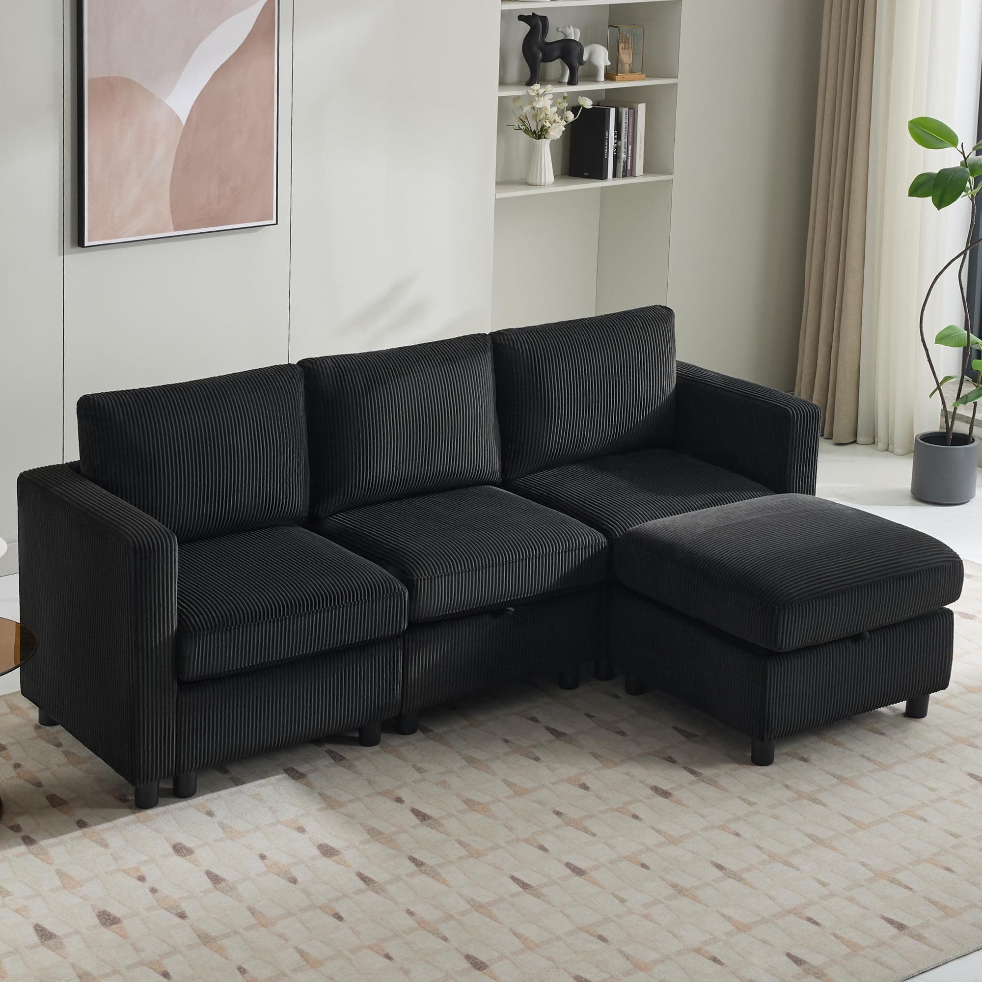 83”L-Shaped Modular Sectional Sofa with Storage & Movable Ottoman, Convertible 4-Seat Reversible Chaise Corduroy Couch for Living Room, Breathable Black Fabric, Modern Design