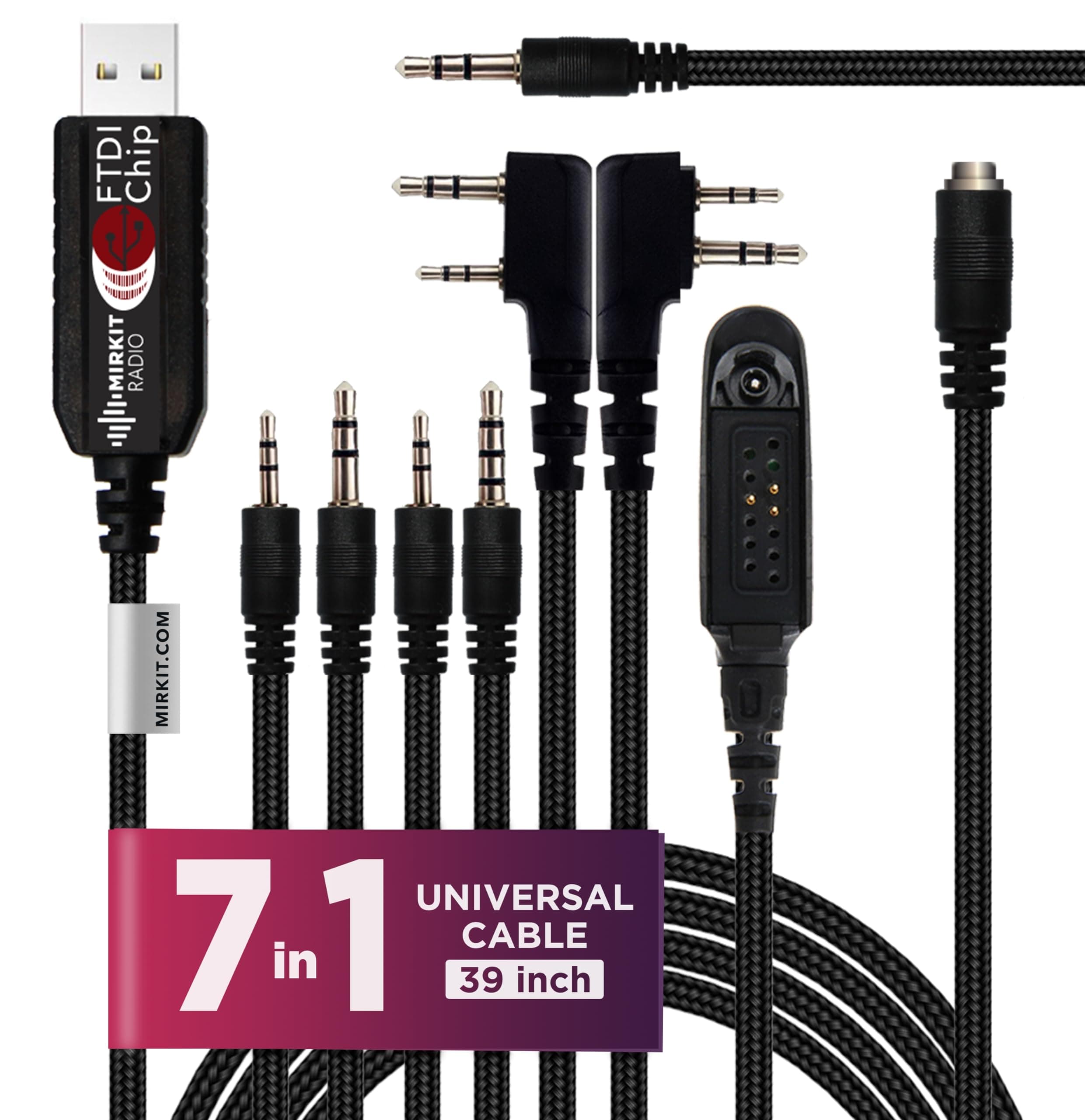 MIRKIT FTDI USB Programming Cable, 7-in-1, Compatible with Baofeng UV-5R, UV-82, BF888S, UV-9R, BF-F8HP, Kenwood, Wouxun, Btech, 4ft Cable, for Radio Amateur