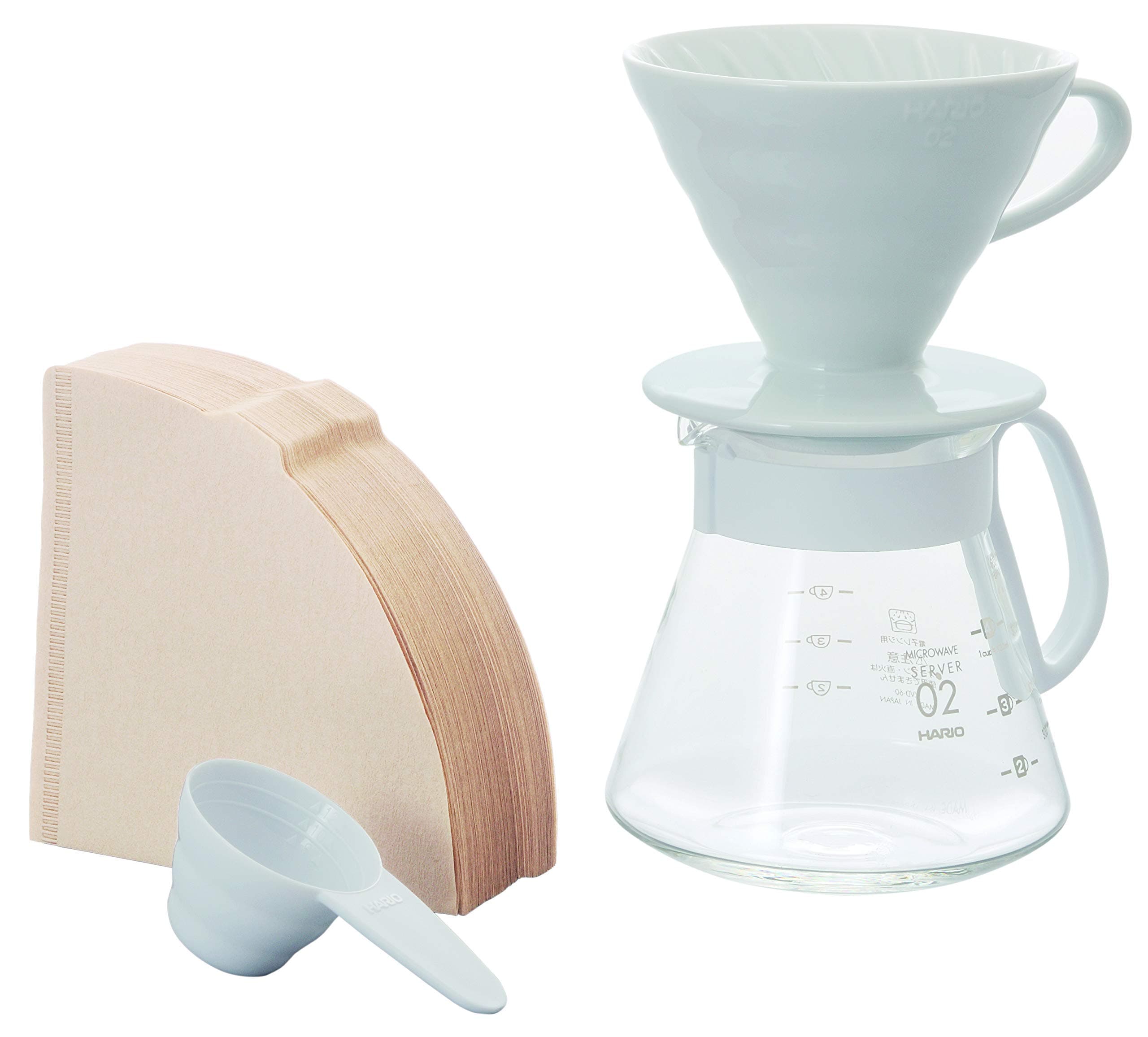 Pour Over Coffee Set with Ceramic Dripper Size 02, Complete Kit with Glass Server, Scoop & Filters, Japanese Manual Brewer - White