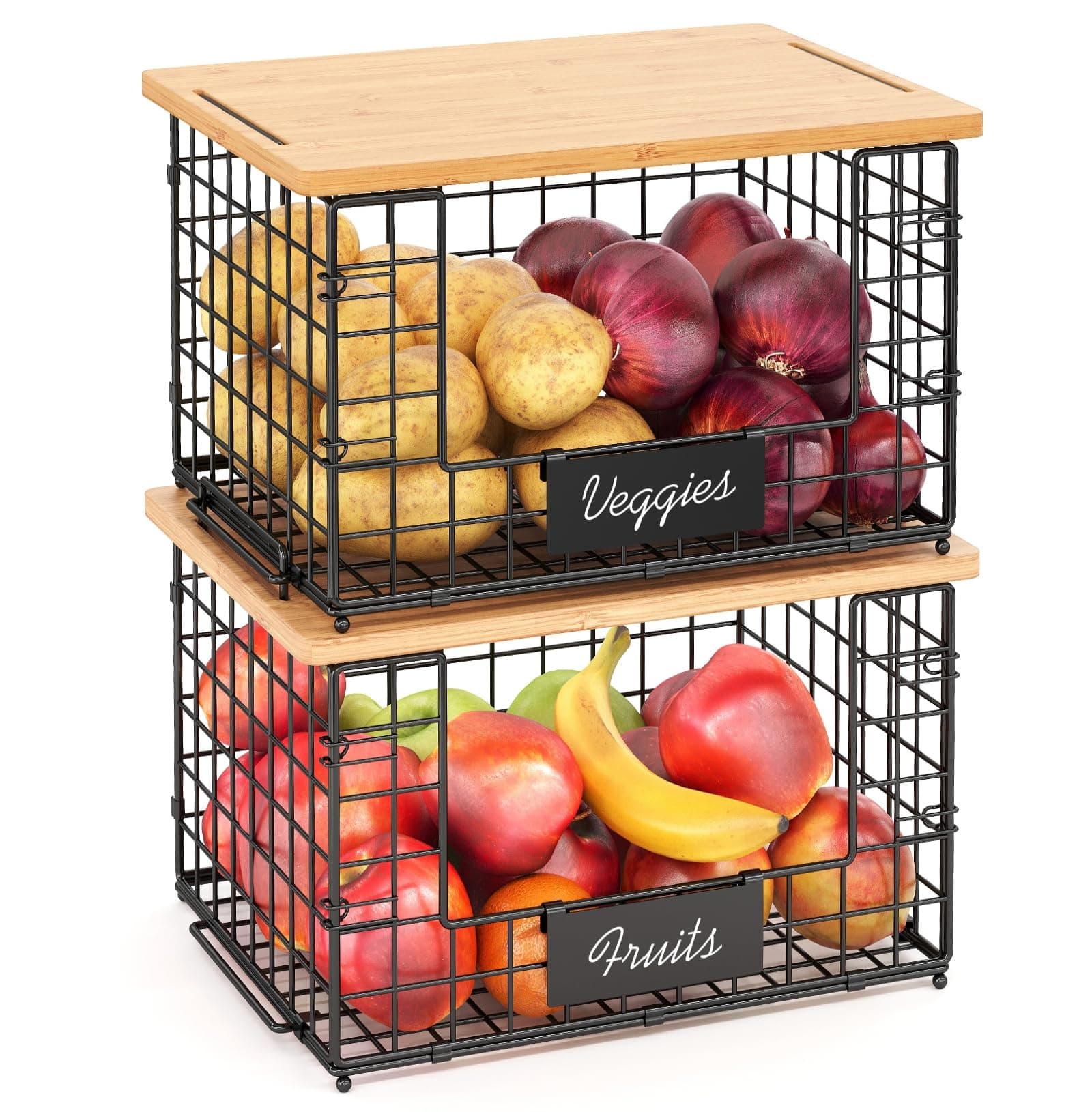 2 Pack Stackable Wire Baskets with Bamboo Top for Pantry Organizers and Storage, XXL Kitchen Organization Counter Basket for Fruit, Vegetable, Produce, Bread, Potato and Onion Storage Bins