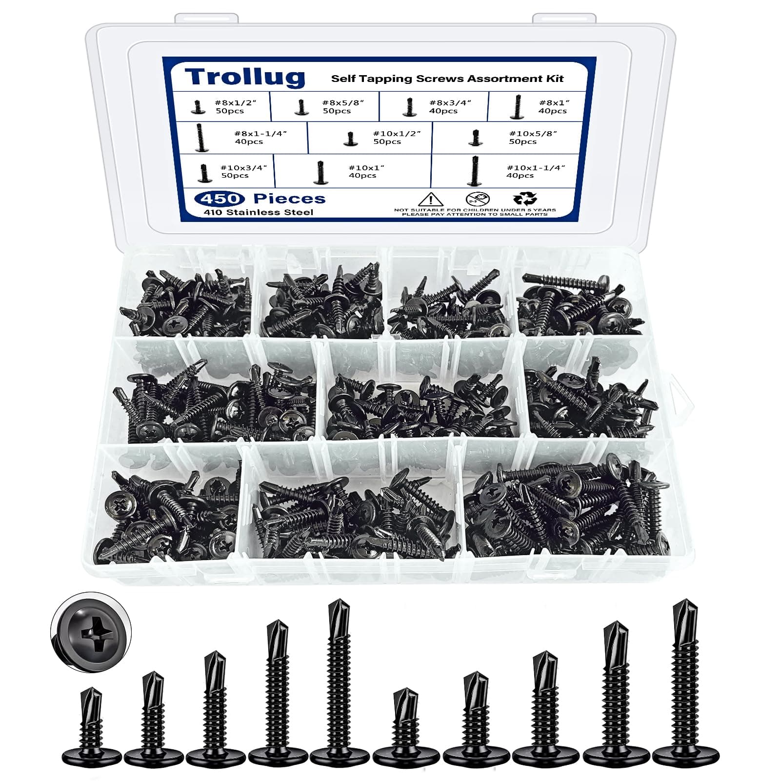 450PCS Self Tapping Screws for Metal, 410 Stainless Steel Self Drilling Screws #8#10 Truss Head Sheet Metal Screws Assortment Kits, Length 1/2"" to 1-1/4'' (Black)