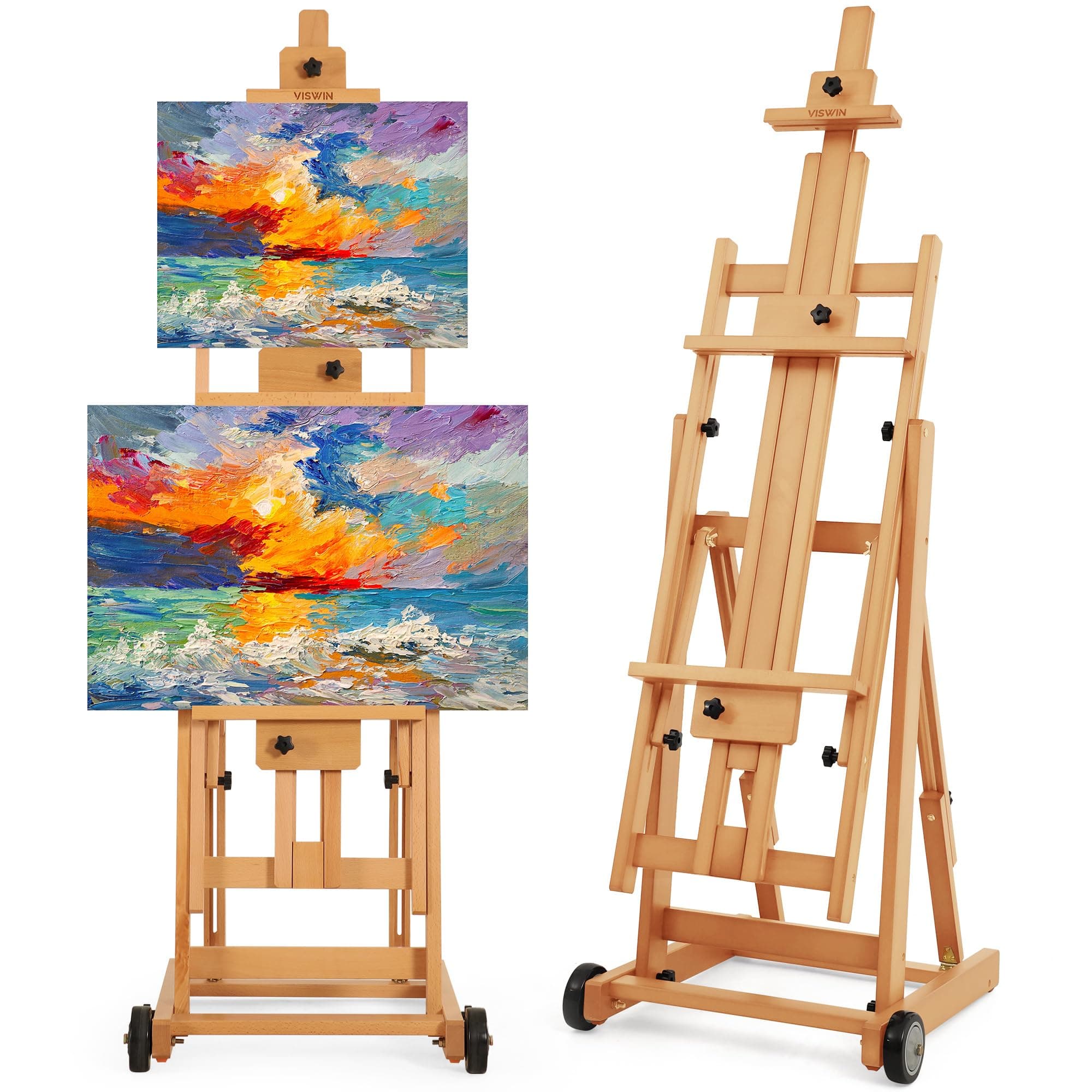 VISWIN Studio H-Frame Easel, Tilting Flat & Adjustable Beech Wood Art Easel for Painting, Movable Large Easel Stand for Adults, Artists, Hold 1 or 2 Canvas up to 78" - Natural