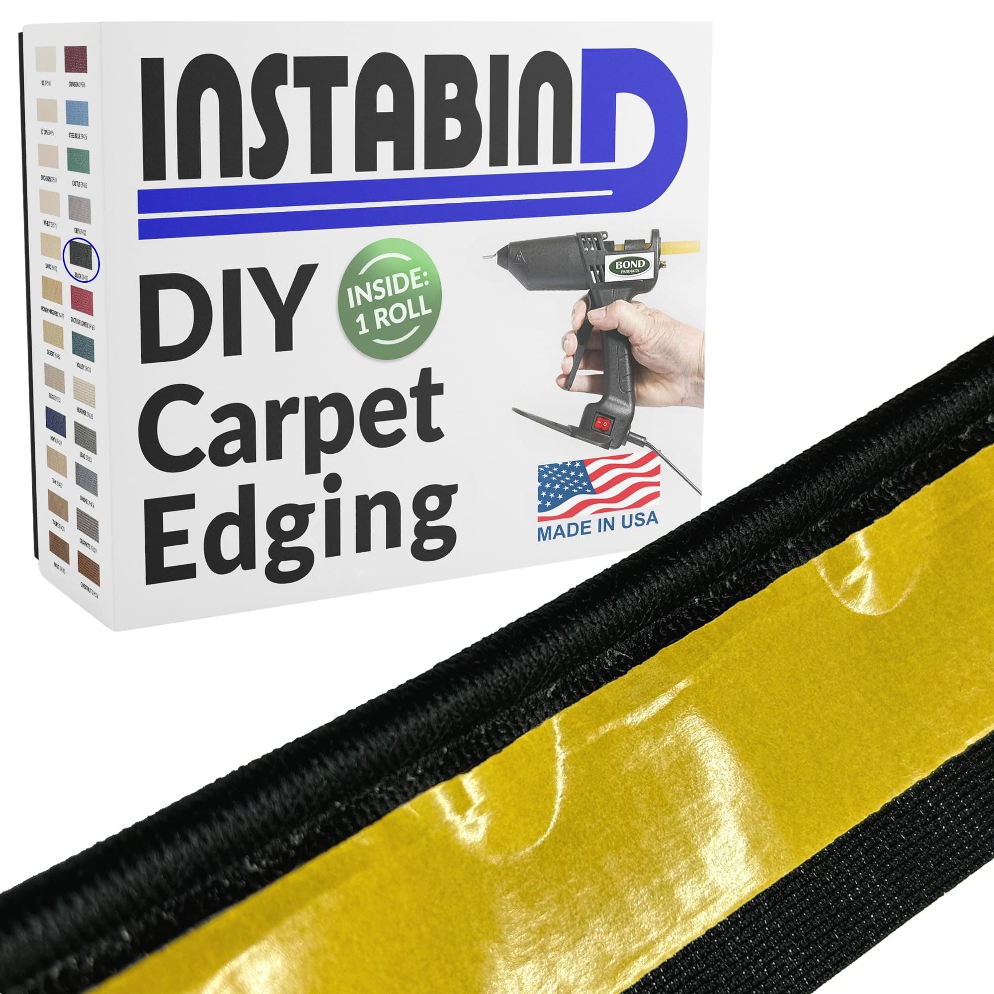 Instabind 54 ft Roll Premium Carpet Edge Binding – Regular Style Carpet Edge Trim for Do-It-Yourself Rug Edging- with Durable Hold & Easy Finishing for Rug Edges - USA Made Flooring Products, Black
