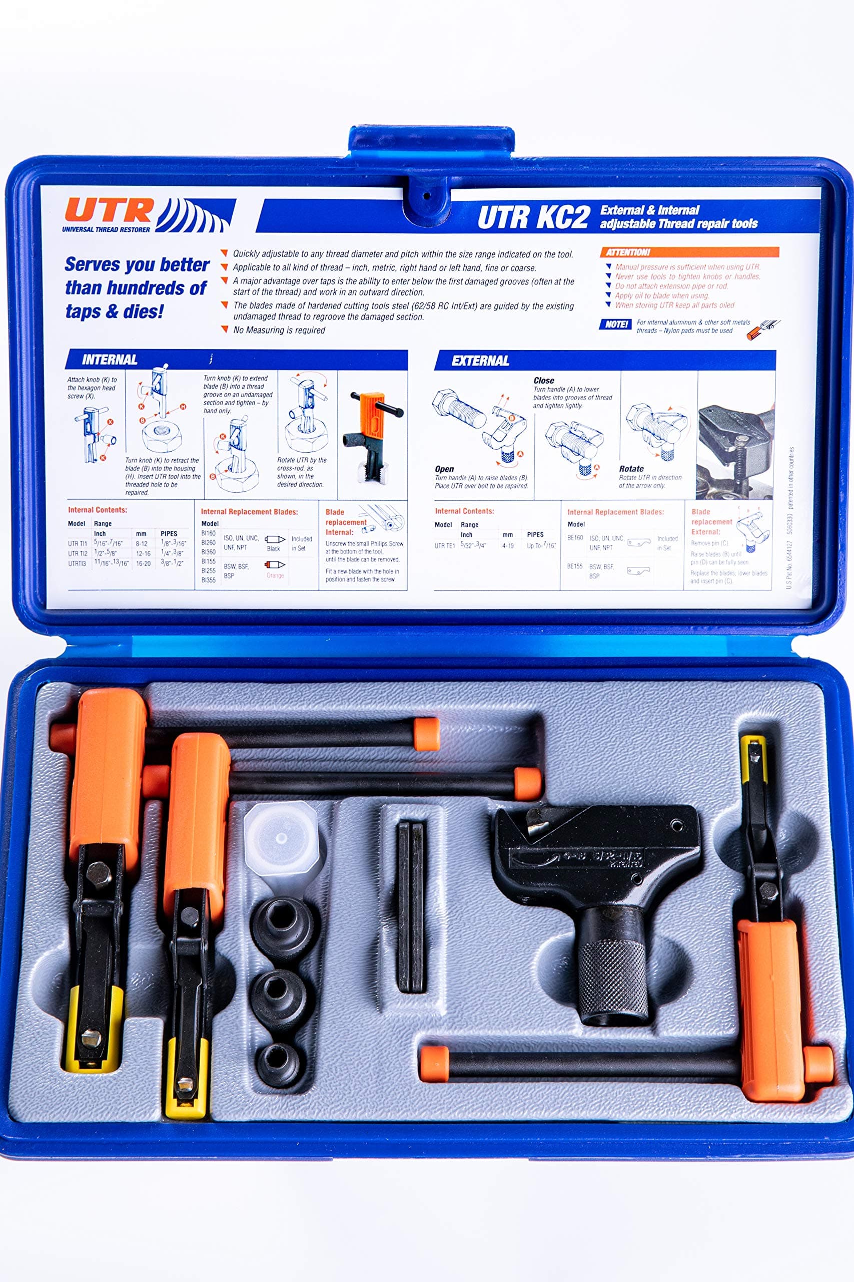 UTR KC2 - External & Internal Adjustable Restorers – Universal Thread Repair Tool Kit. Easily Replaces Hundreds of Taps and Dies. All In One Patented Solution.