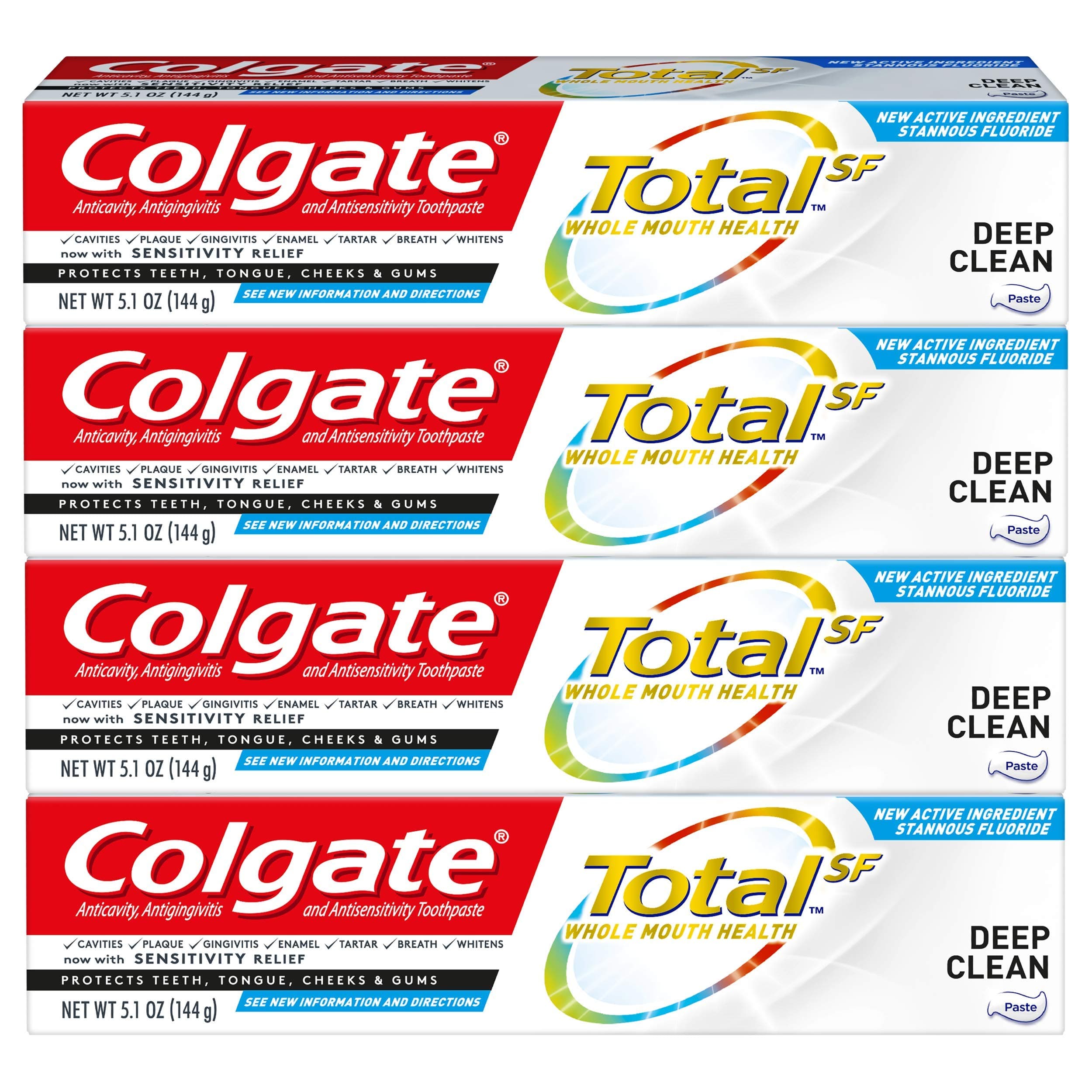Colgate Total Toothpaste with Stannous Fluoride and Zinc, Multi Benefit Toothpaste with Sensitivity Relief and Cavity Protection, Deep Clean - 5.1 ounce (4 Pack)