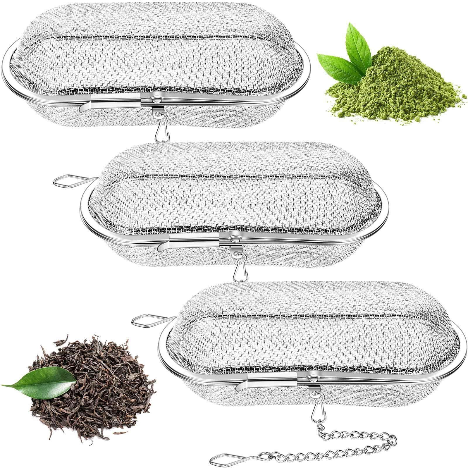 Hoolerry 3 Pcs Tea Ball Infusers Loose Leaf Tea Strainers Steeper Stainless Steel Mesh Floating Oval Filters 4.25 x 1.75 Inch for Kitchen and Home