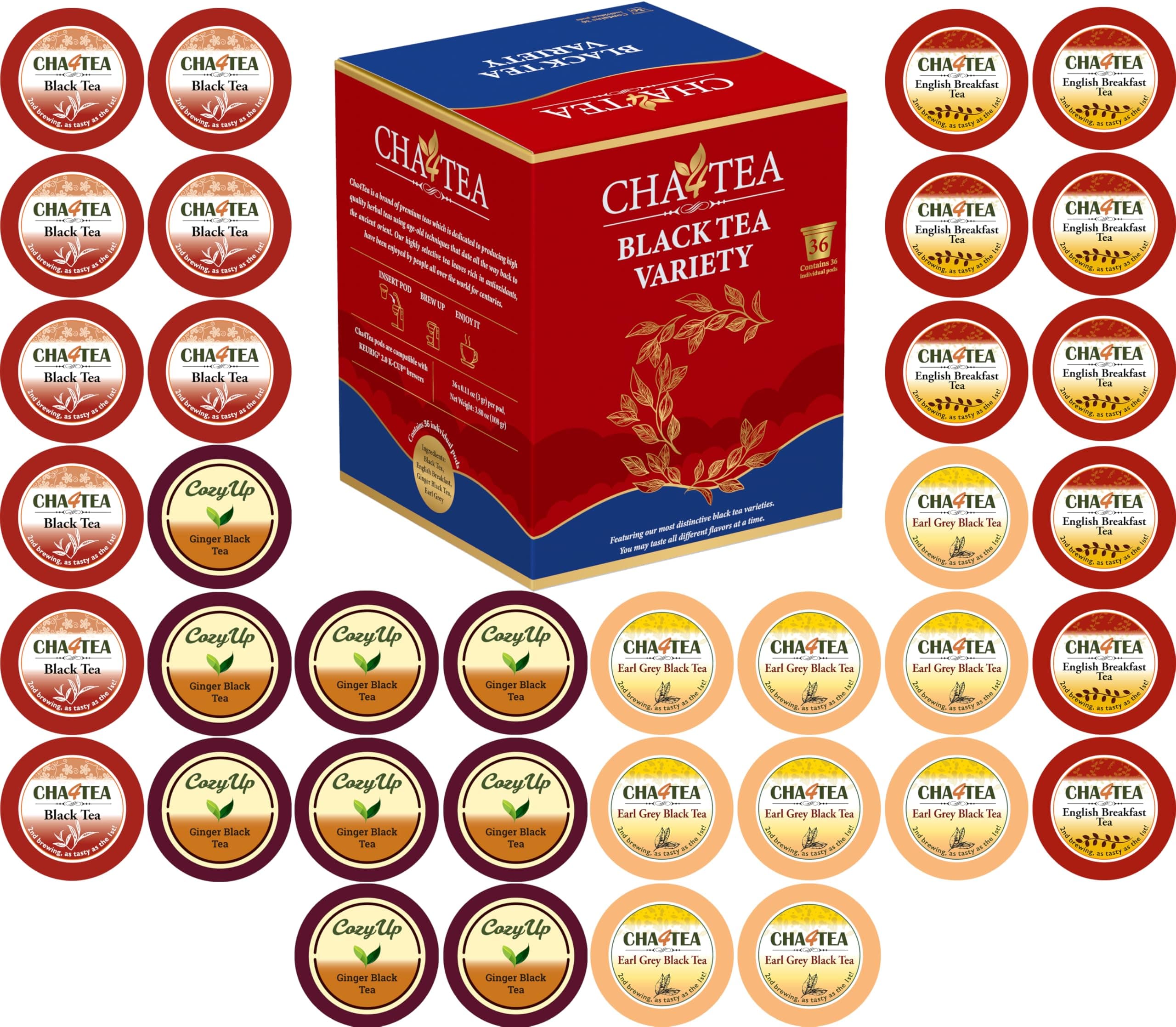 36-Count Assorted Black Tea Sampler for Keurig K-Cup Brewers (Black Tea, English Breakfast, Ginger tea, Earl Grey)