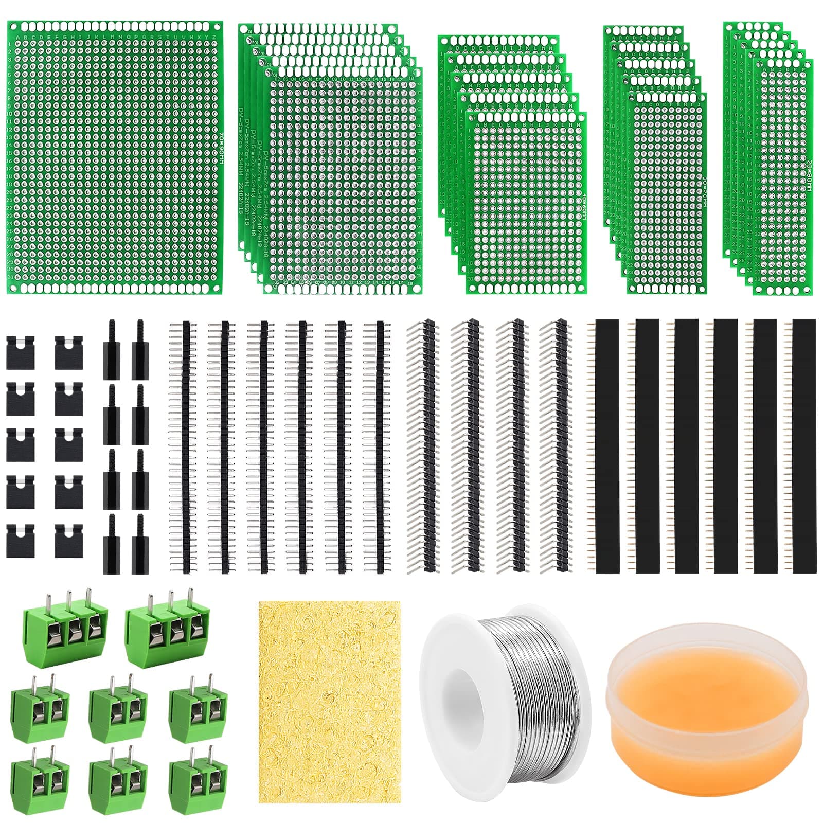 Tnisesm PCB Board Prototype Kits, Circuit Solder Double Side Board with 40 Pin 2.54 mm Male to Female Headers Connector, 2P&3P Screw Terminal Block, Solder Wire for Electronic Projects