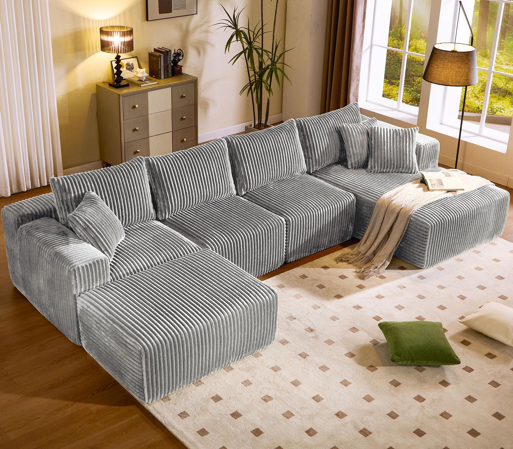 WorthFurni Cloud Modular Sofa Couch with U-Shape Chaise and Big Ottoman Modern Sectional with Deep Seat, Upholstered Couches for Living Room,No Assembly Required, Plush Corduroy Fabric 139.37"(Grey)