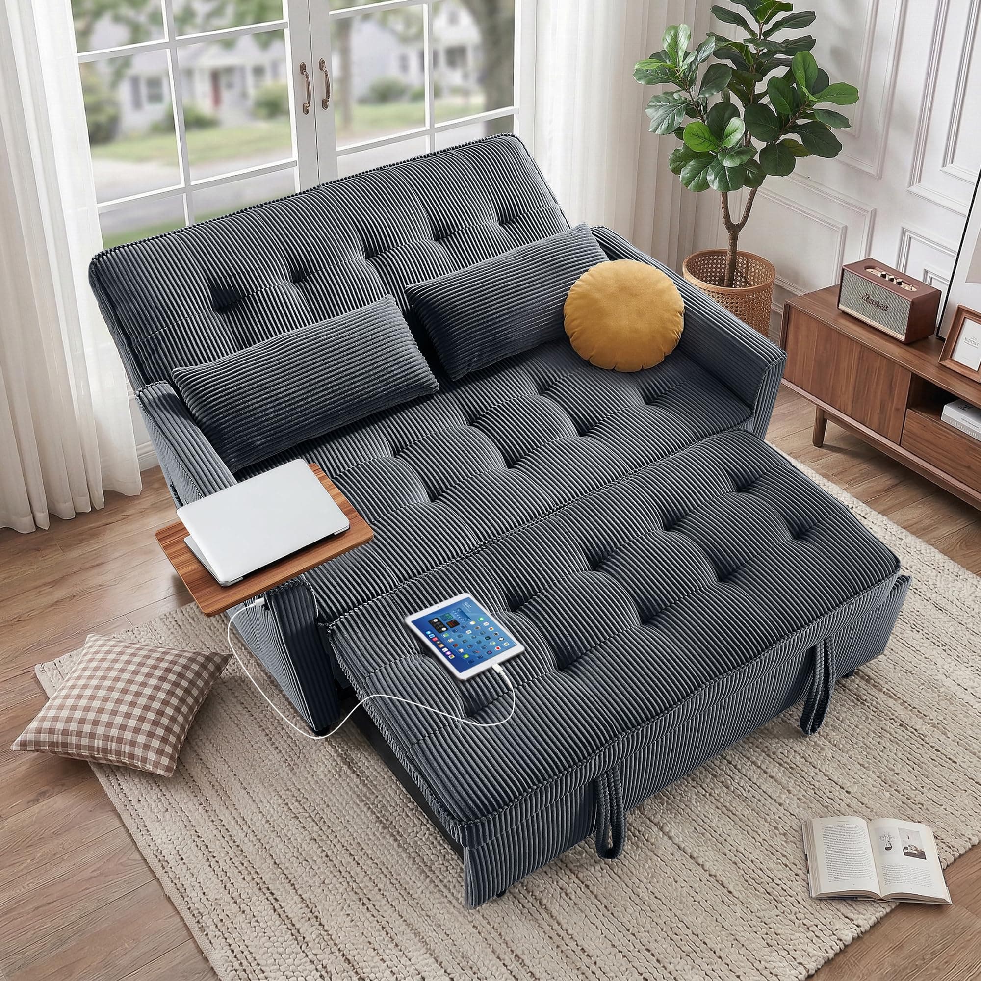 Sleeper Sofa Bed, 53‘’ Convertible Pull Out Couch with Small Table| USB Port | Side Pockets | Corduroy Fabric | Adjustable Backrest for Apartment, Office, Bedroom, Guest Room