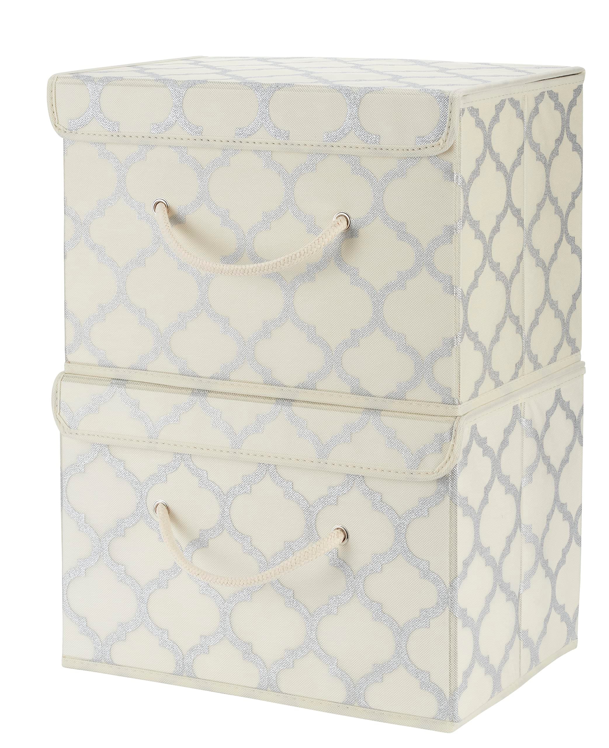 Cream/Metallic Fabric Storage Boxes with lids, Stackable and Foldable. For wardrobes, shelves, clothes, bedroom, office, cupboard, keepsake box, crafts, toys, shoes, socks. Rope Handle 2pk 37x25x25cm